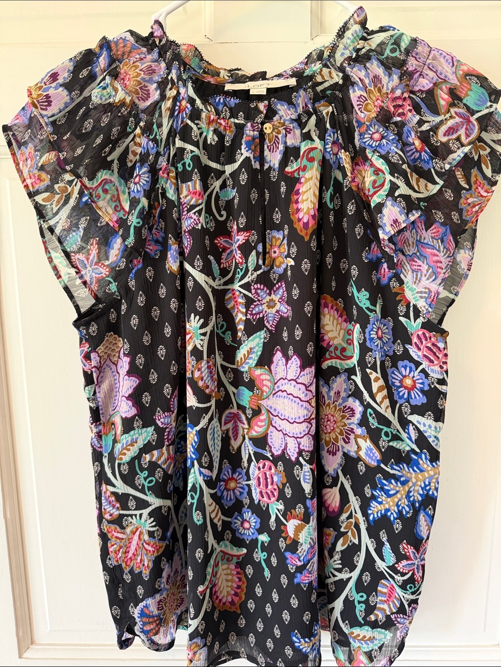 LOFT Black Multicolor Floral Flutter-Sleeve Blouse